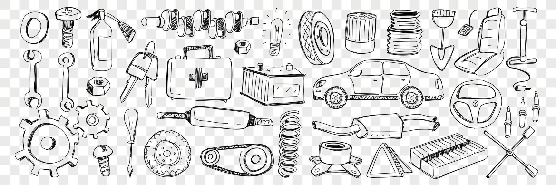 Tools for car repairing doodle set. Collection of hand drawn cars keys shovel screwdriver engine kit wheel nut pump steering wheel exhaust pipe isolated on transparent background vector