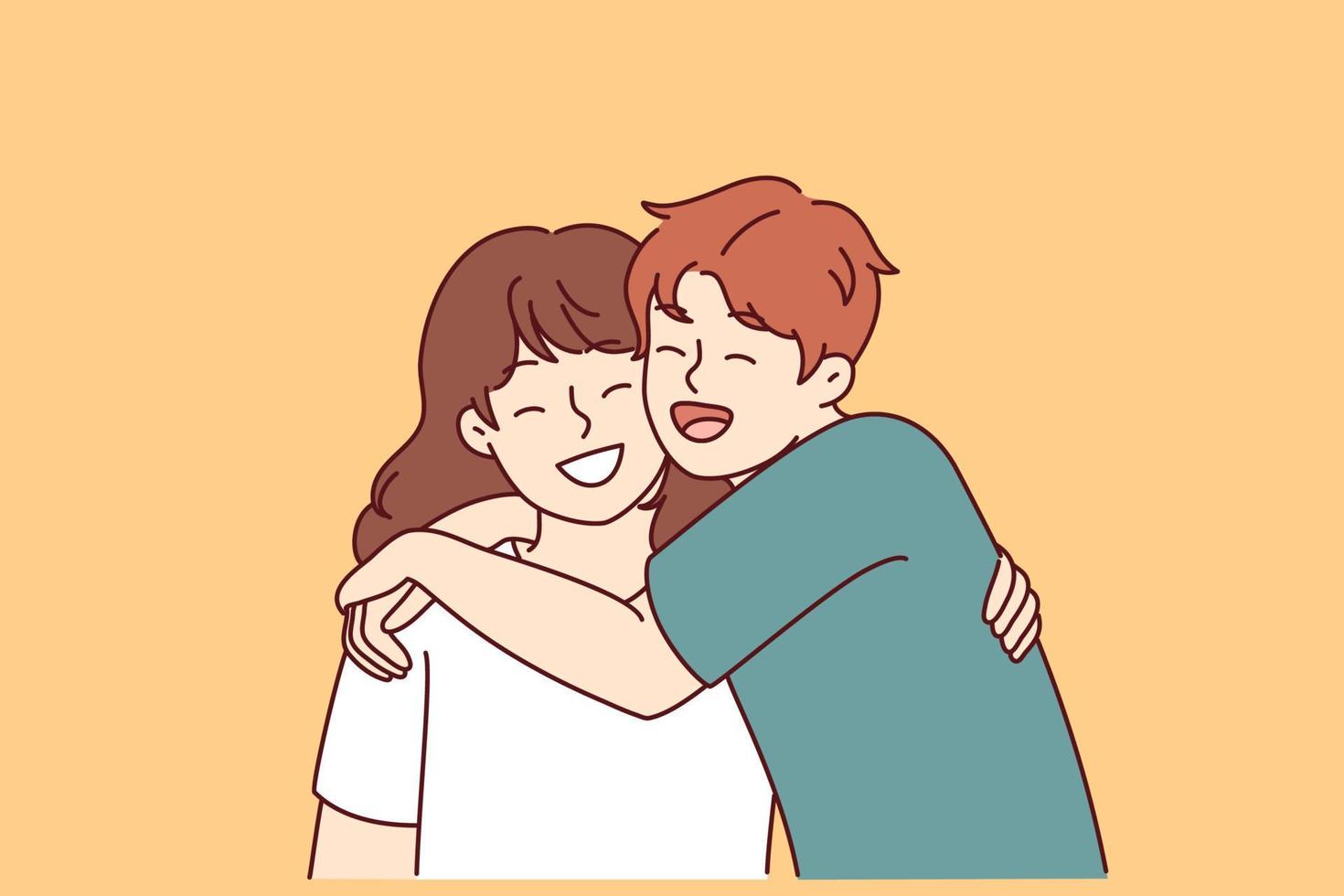 Positive little boy and girl hugging and laughing enjoying spending time together or summer vacation. Concept of happy childhood and friendship between classmates or little brother and sister vector