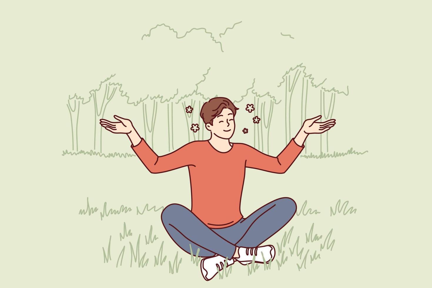 Young guy sits in lotus position on lawn doing yoga and meditating to restore strength or improve mood. Man practices yoga enjoying harmony and following recommendations Buddhist spiritual teachings vector