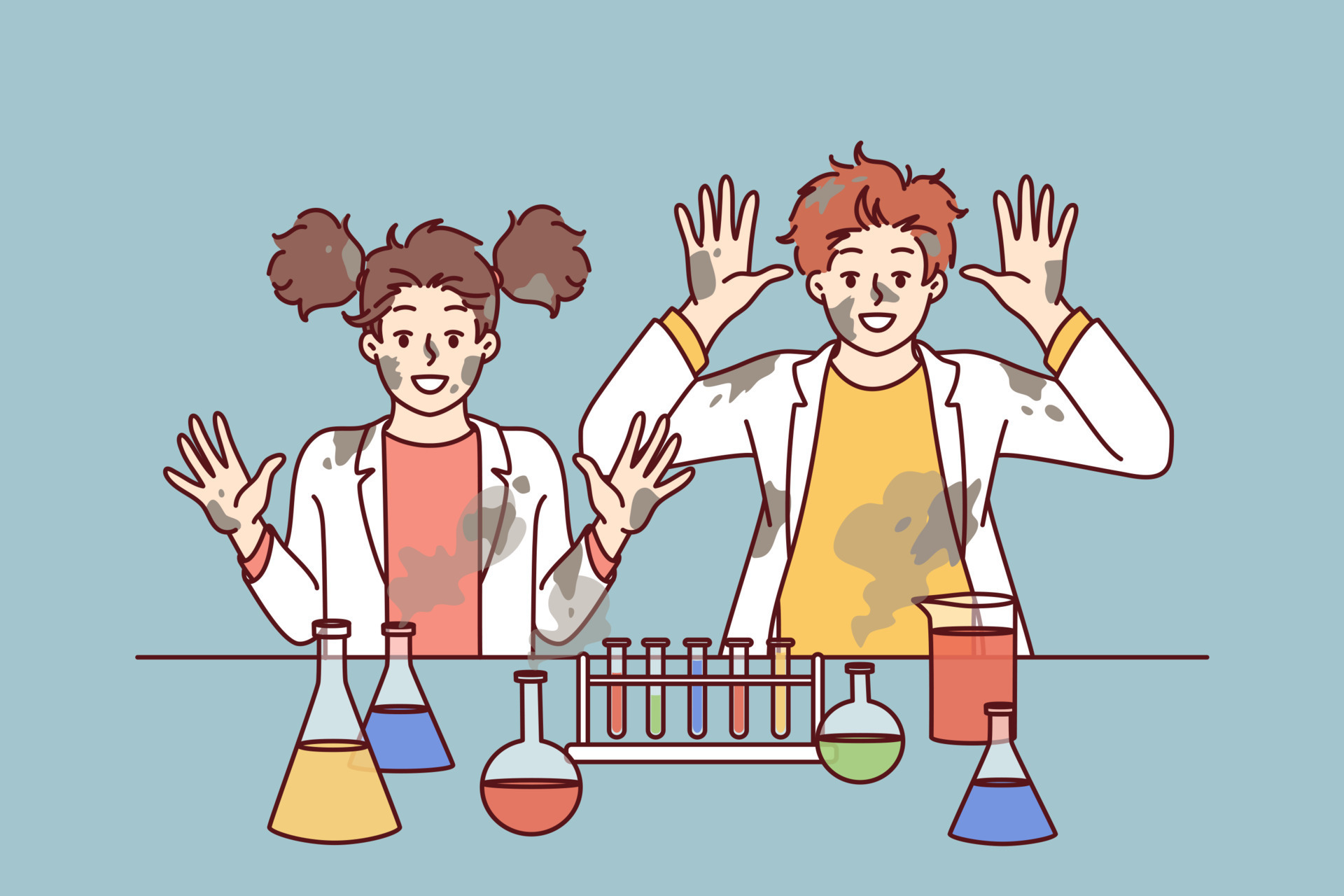 Funny children in laboratory raise hands after unexpected reaction when mixing chemical reagents