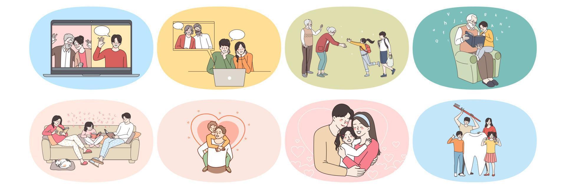 Happy family with children relax play on lockdown at home. Parents and kids talk communicate on video call on quarantine. Relative enjoy time together, show love and care. Vector illustration, set