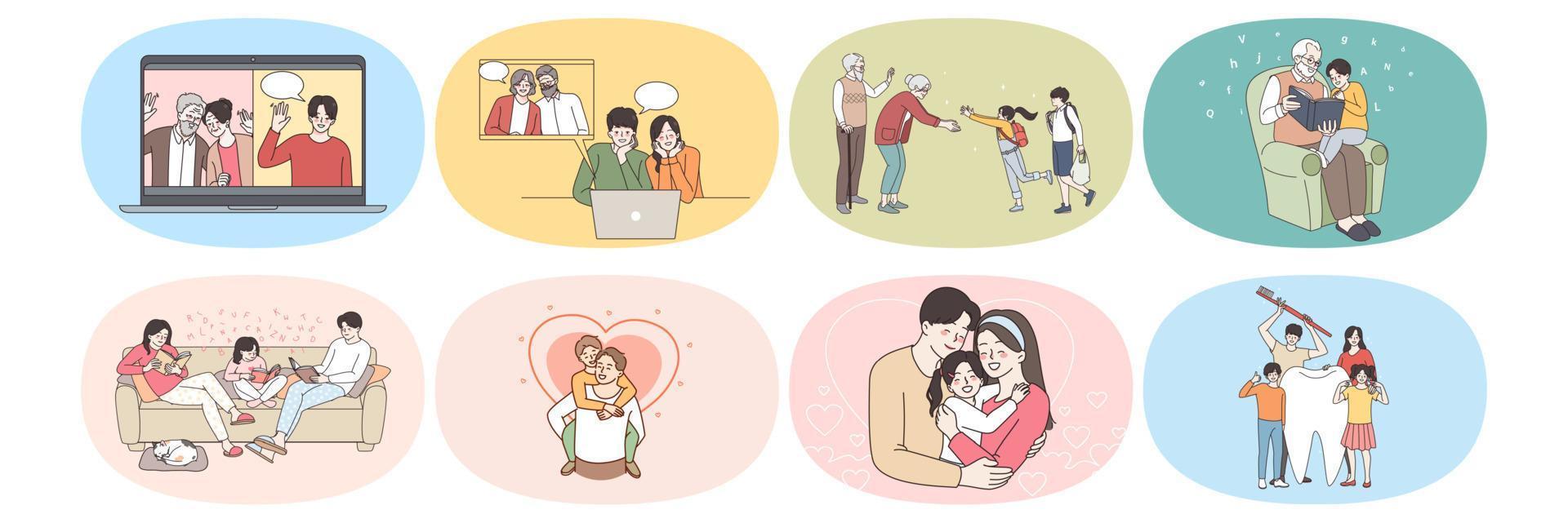 Happy family with children relax play on lockdown at home. Parents and kids talk communicate on video call on quarantine. Relative enjoy time together, show love and care. Vector illustration, set