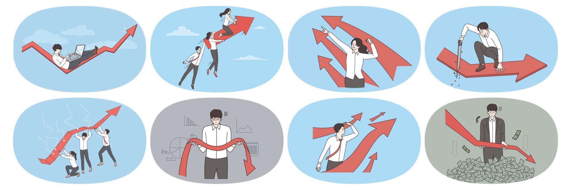 Set of businesspeople with arrows facing up motivated for success or achievement. Collection of diverse employees work for business win or victory. Successful project, teamwork. Vector illustration.