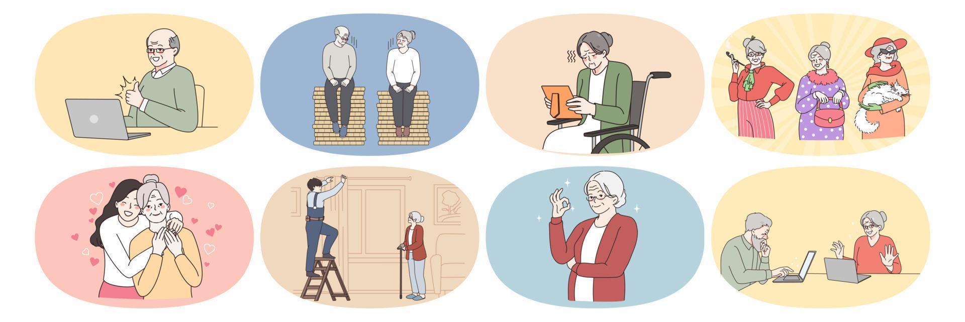 Old grey-haired grandparents enjoy happy good maturity in retirement house. Life of senior people. Saving for pension and communicating with relatives online. Elderly concept. Vector illustration.