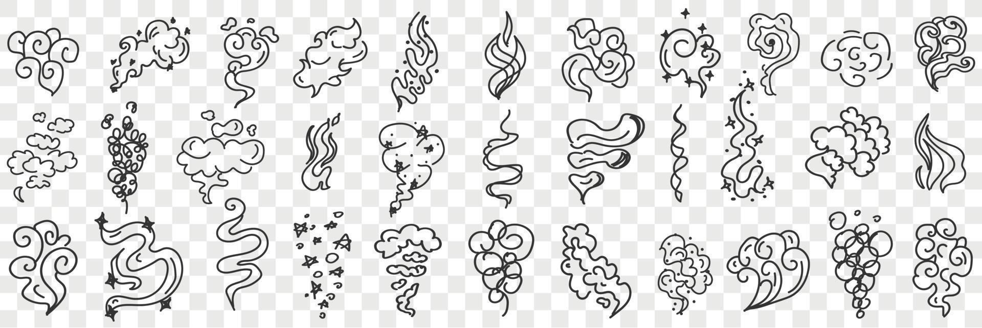 Wind and flames shapes doodle set. Collection of hand drawn various styles and shapes of star wind natural phenomena in rows isolated on transparent background vector