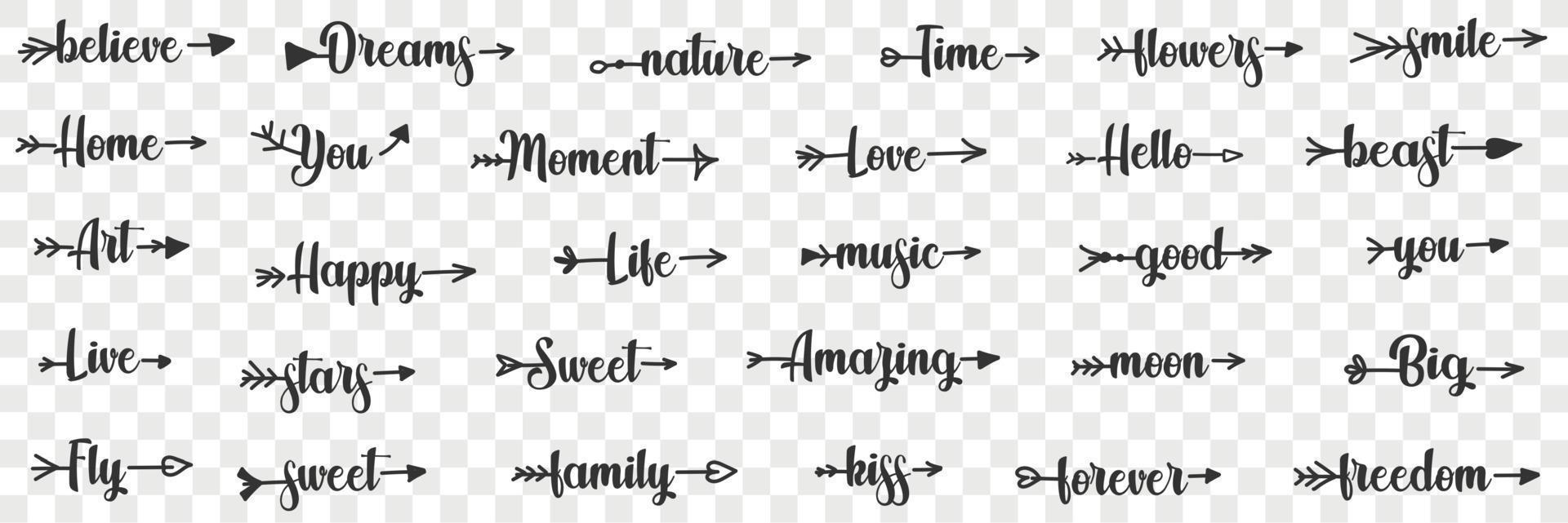 Lettering words with arrows doodle set. Collection of hand drawn various words sweet believe time flowers smile good hello big freedom kiss family stars live fly music on transparent background vector