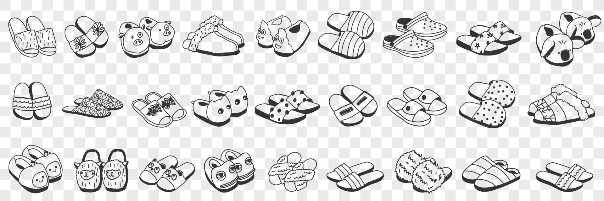 Slippers accessories for home doodle set. Collection of hand drawn various styles of slippers footwear for wearing at home on beach isolated on transparent background vector illustration