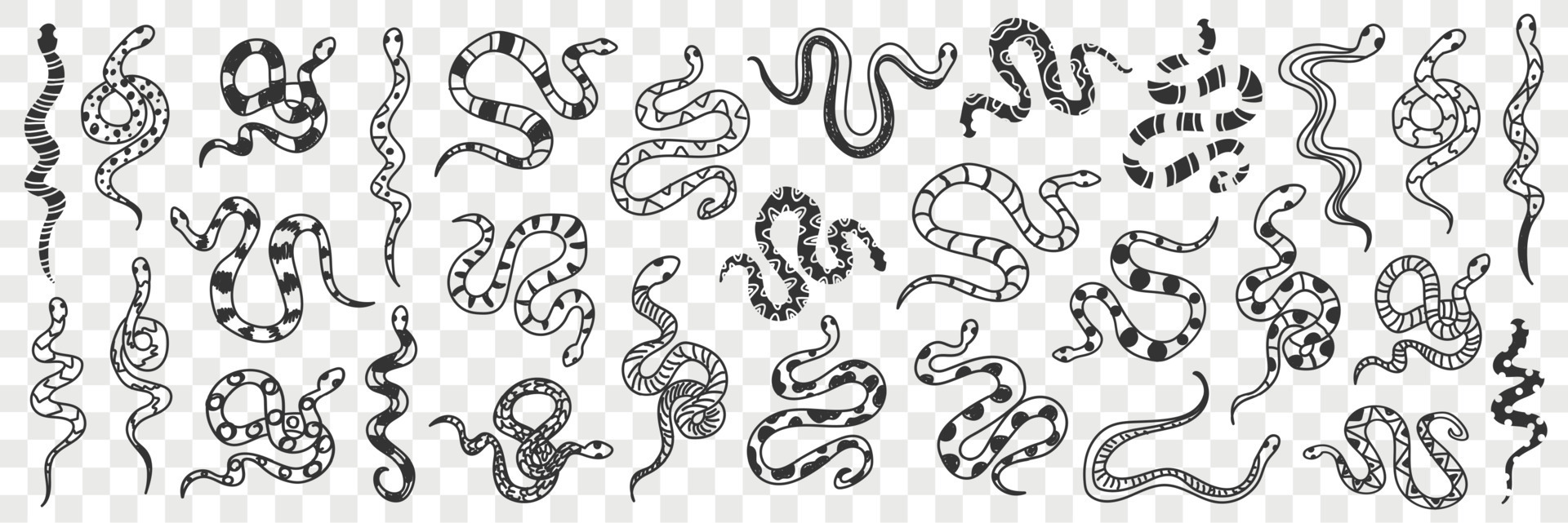 Various snakes of different patterns doodle set. Collection of hand ...