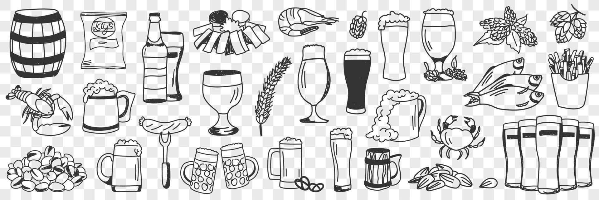 Beer and snacks doodle set. Collection of hand drawn various appetizers shrimps chips crab fish sausage nuts for beer drinks in rows isolated on transparent background vector