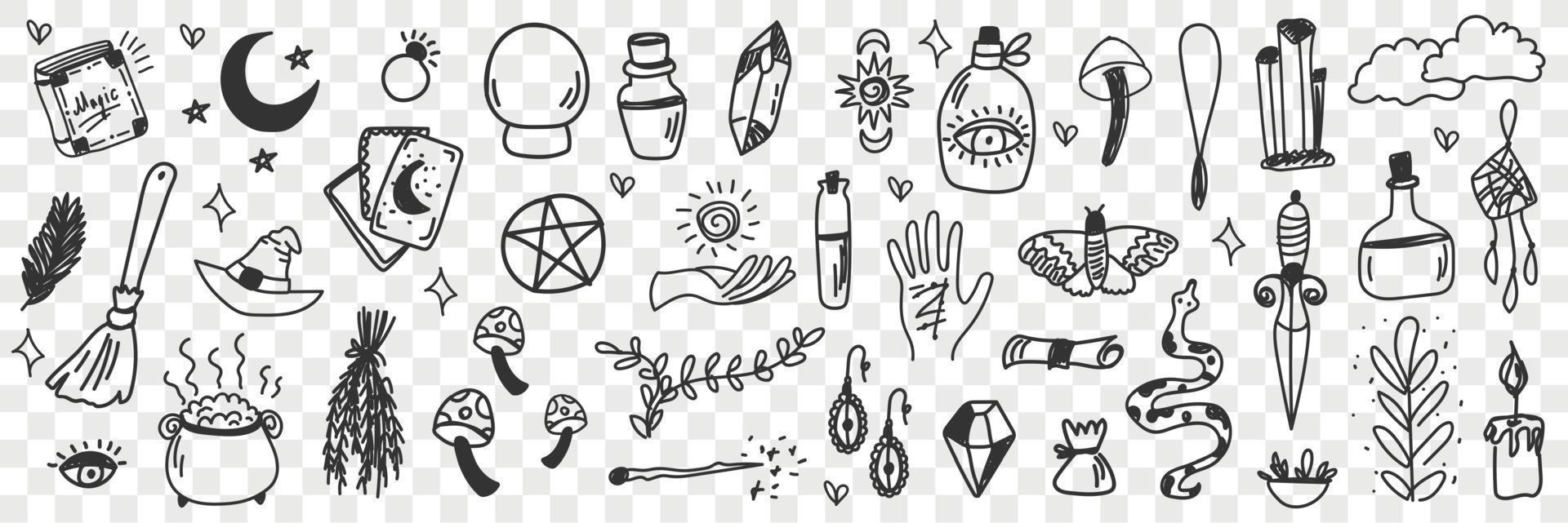 Esoteric witchcraft attributes doodle set. Collection of hand drawn witch tools occult objects hats broom cards moonlight snake isolated on transparent background vector