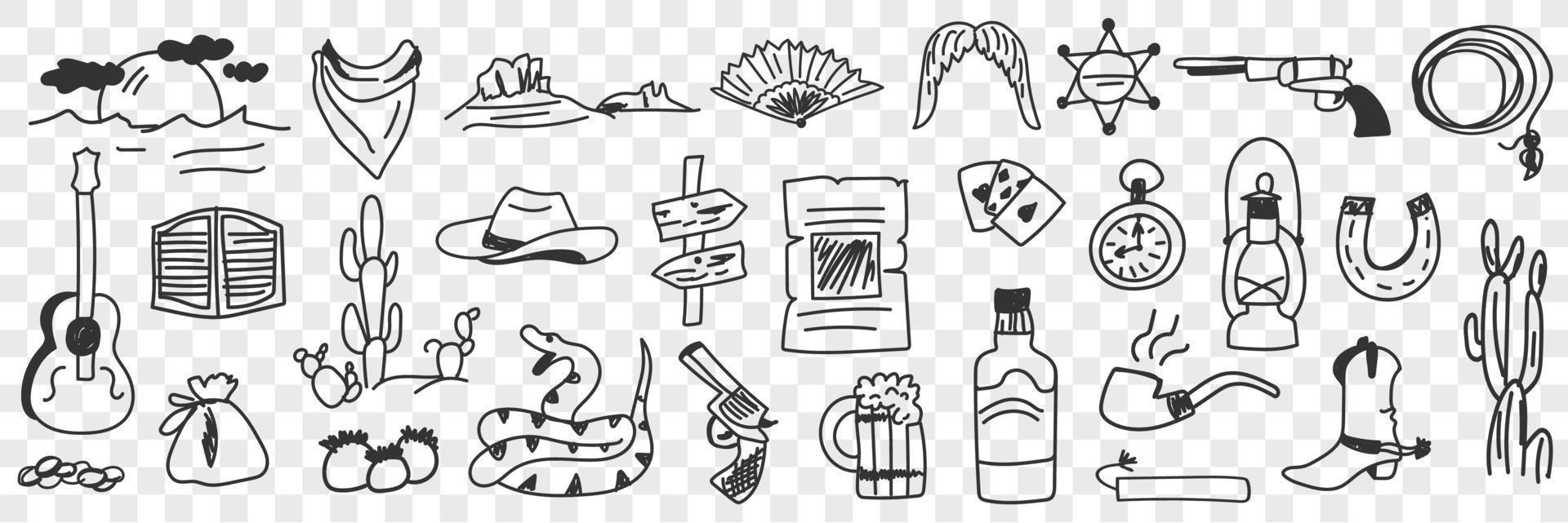 Traditional cowboy symbols doodle set. Collection of hand drawn various guitar snake boots bottle gun traditional for cowboy culture in rows isolated on transparent background vector