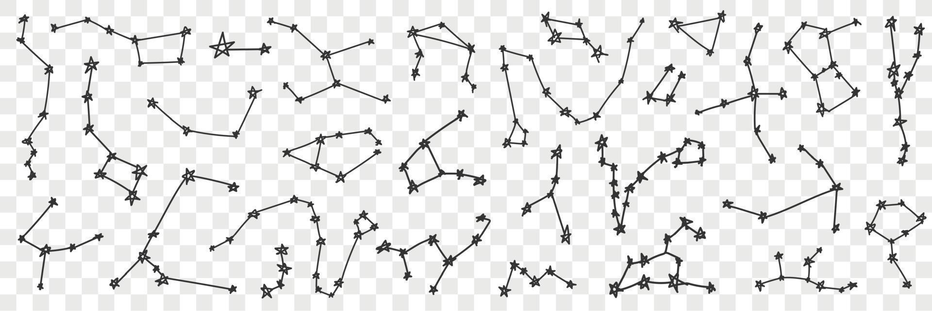 Star constellation on sky doodle set. Collection of hand drawn various sky star constellation of different shapes bright shining isolated on transparent background vector