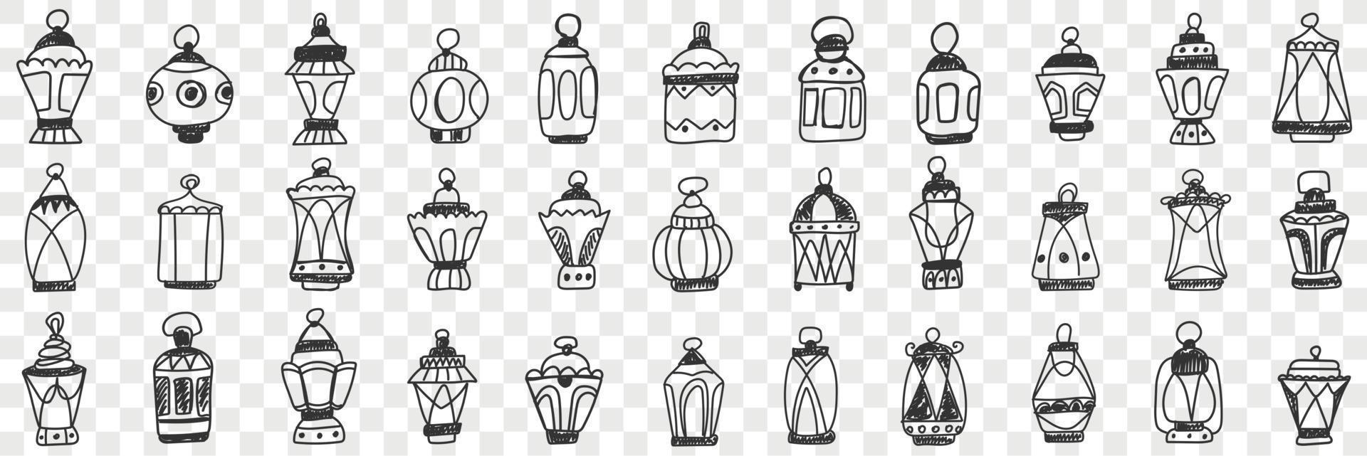 Decorations lamps and shades doodle set. Collection of hand drawn decorative elegant vintage shades with lamps for light and carrying in hand isolated on transparent background vector