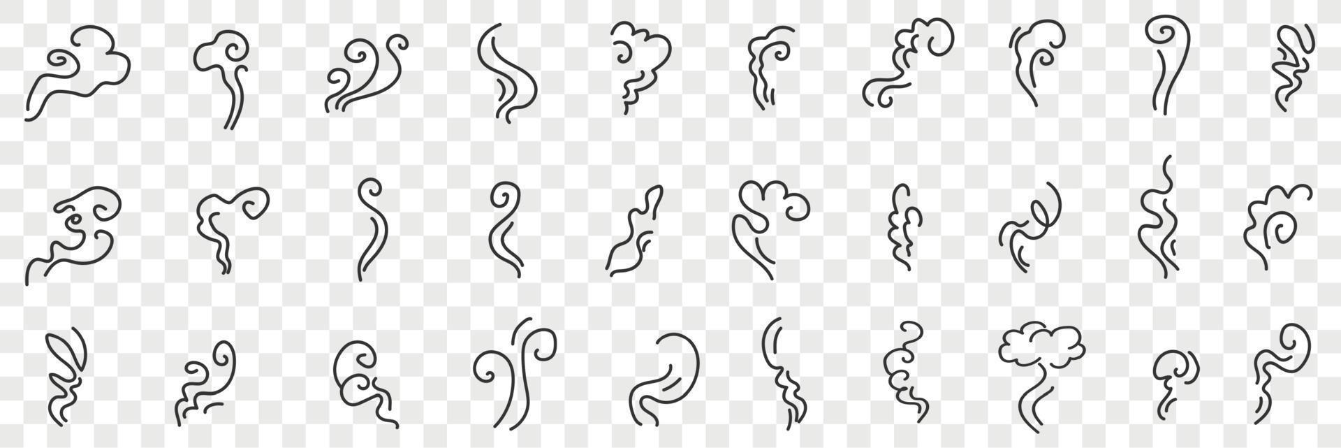 Wind and curves doodle set. Collection of hand drawn various abstract shapes of curves of wind of air flow isolated on transparent background vector