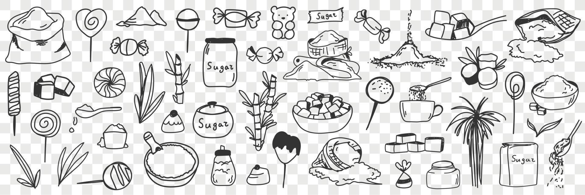Sugar and ingredients for candies doodle set. Collection of hand drawn edible sweet sugar flour plants for making cooking candies or sweets desserts isolated on transparent background vector