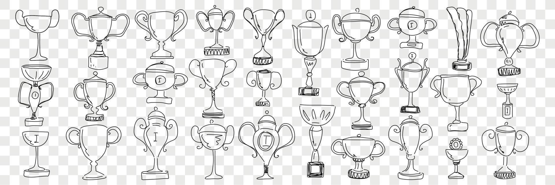 Winners cups and trophies doodle set. Collection of hand drawn golden champion cups trophy for first prize and win in championship or sport competition isolated on transparent background vector