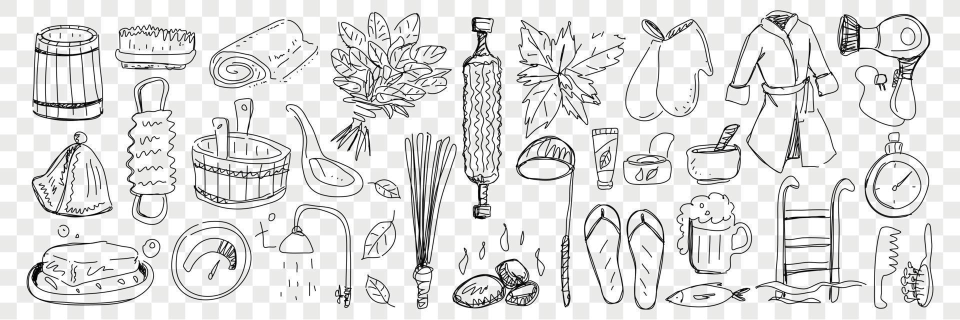 Bath and sauna attributes doodle set. Collection of hand drawn bathrobe, hot stones, basins, slippers shower hats brooms brush mittens beer for enjoying bath isolated on transparent background vector