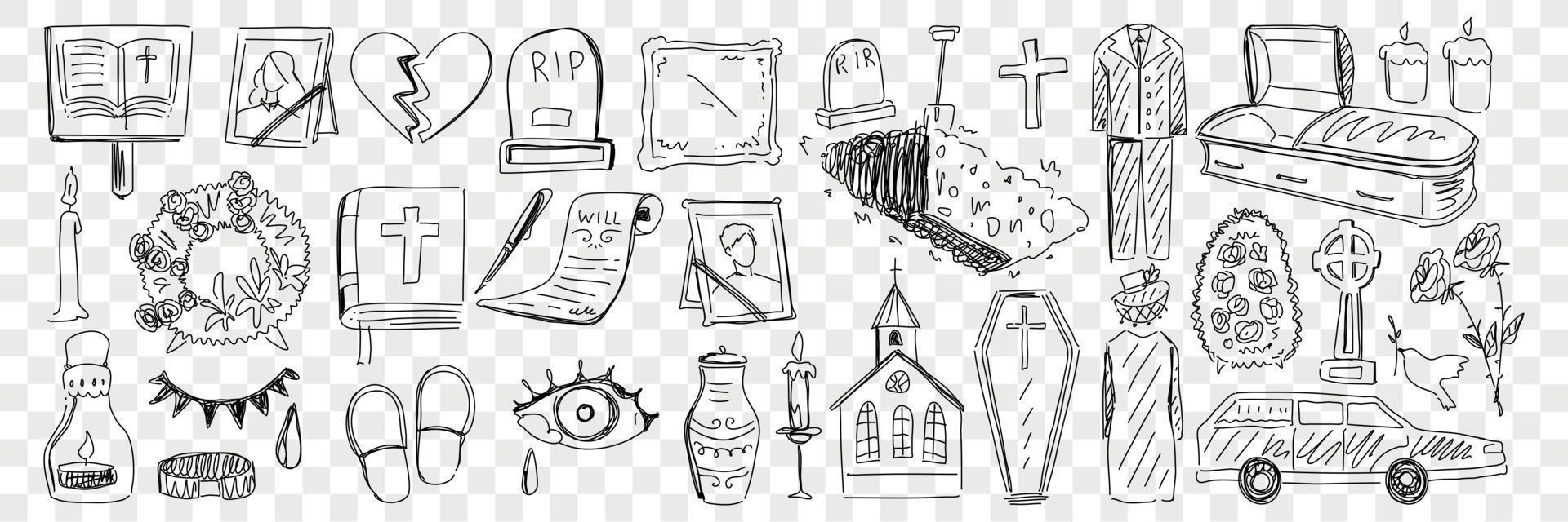 Funeral and cemetery attributes doodle set. Collection of hand drawn coffin candle church cemetery memorials will grief hearse and process of funeral isolated on transparent background vector