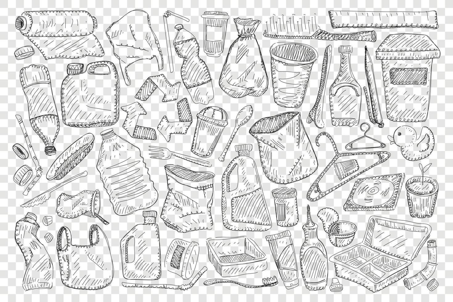Reusable household and materials for home doodle set. Collection of hand drawn toothbrush hangers sacks baskets canisters tubes and jars for keeping things at home isolated on transparent background vector
