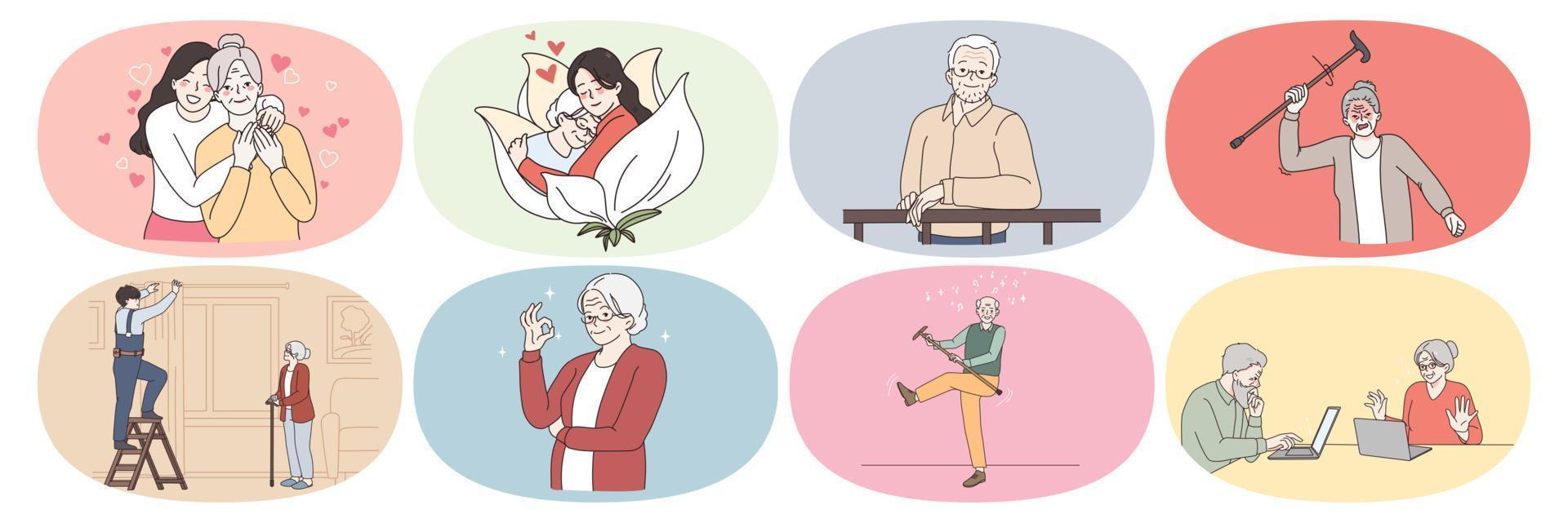 Set of diverse old grandparents with relatives or caregiver enjoy good happy maturity life. Bundle of senior people use computer or enjoy active days. Geriatrics and elderly. Vector illustration.