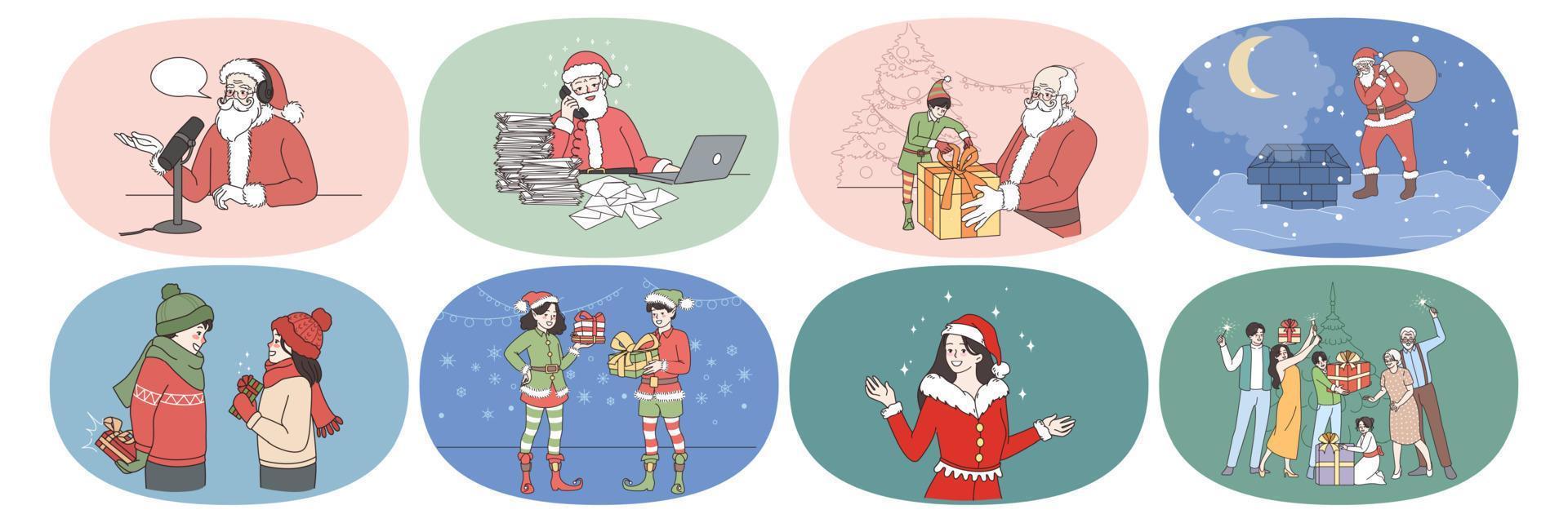 Set of old Santa Claus and elves prepare Christmas present for children on winter holidays. New Year celebration and gifts exchange. Winter holiday magic festive time. Flat vector illustration.