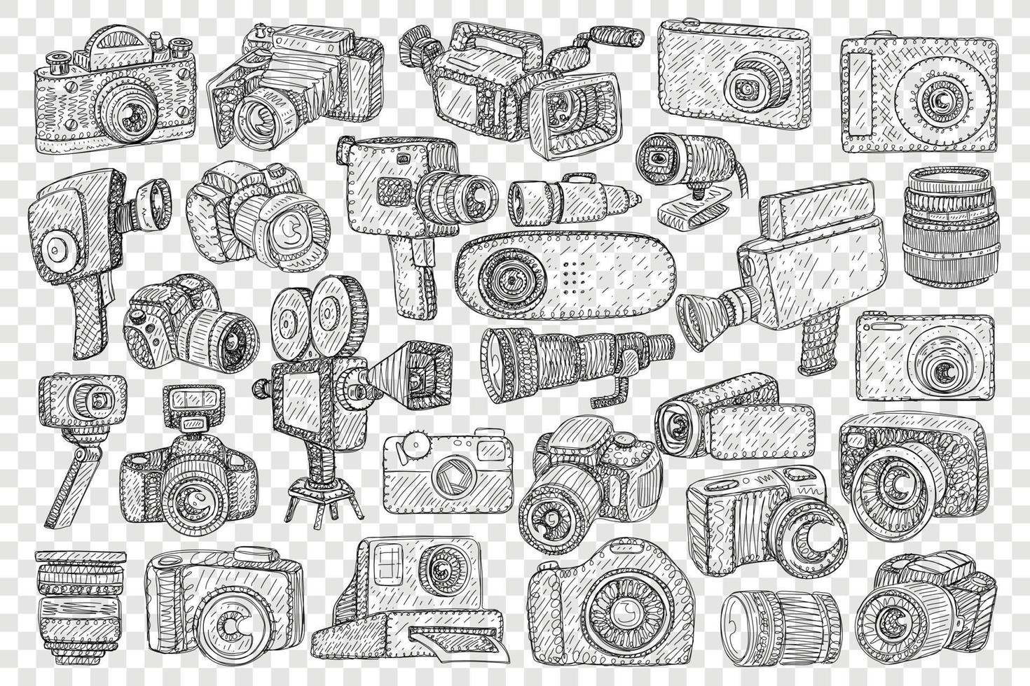 Photo cameras and tripods doodle set. Collection of hand drawn digital and film camera on tripods and lens for making pictures and enjoying hobby profession isolated on transparent background vector