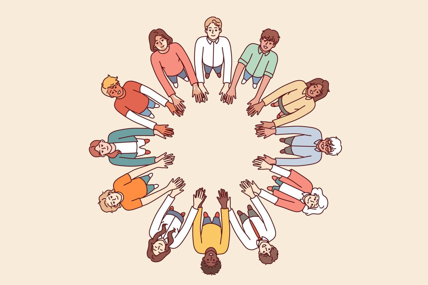 Friendly people stand in circle hold hands for collaboration and teamwork, top view. University students of different gender and race get education together while studying in college vector