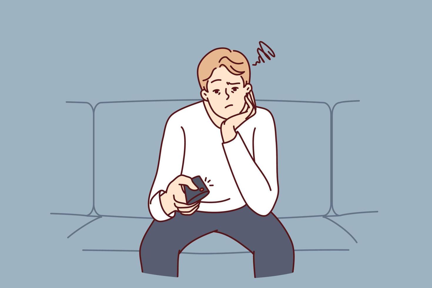 Bored man holding TV remote due to lack of satellite TV channels with interesting shows. Concept frustration and procrastination associated with lack of motivation caused by emotional burnout vector