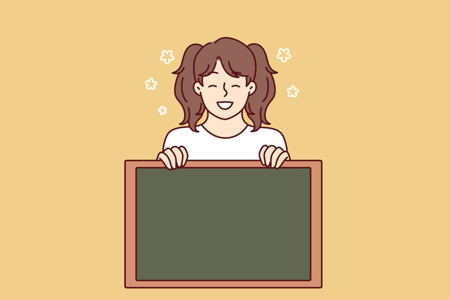 Little girl smiling demonstrates empty chalkboard designed for applying notifications or promotional offers. Preteen girl with advertising chalkboard advises to pay attention to space for text vector