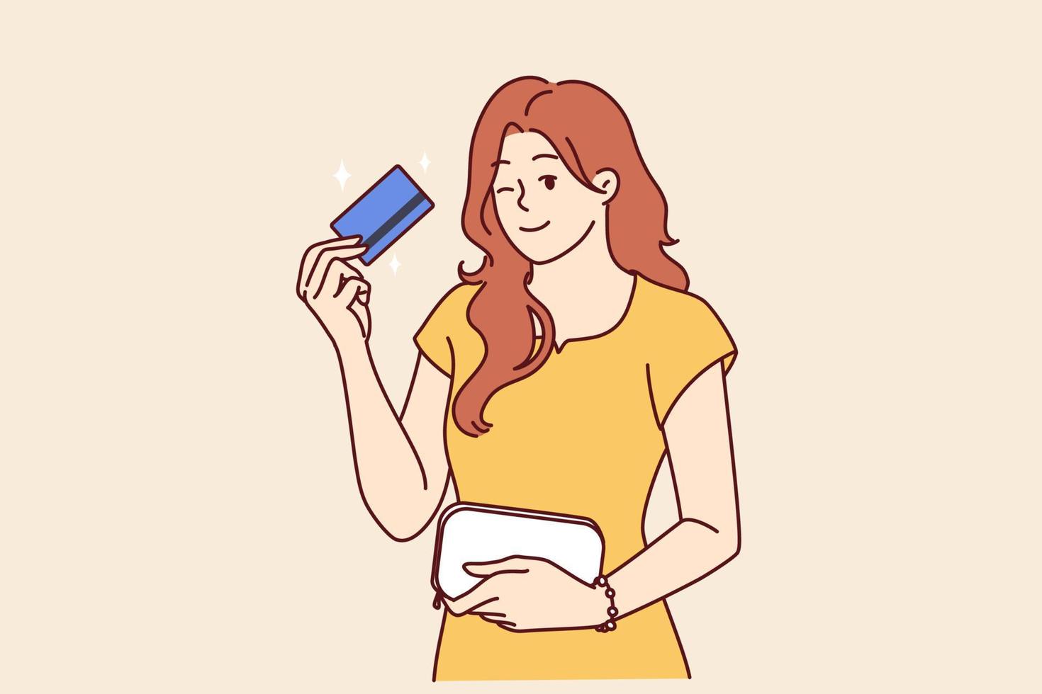 Woman with bank card winking recommend using reliable banking or credit product with large cashback. girl shows credit card intended for bargain purchases or cash withdrawals from ATM vector