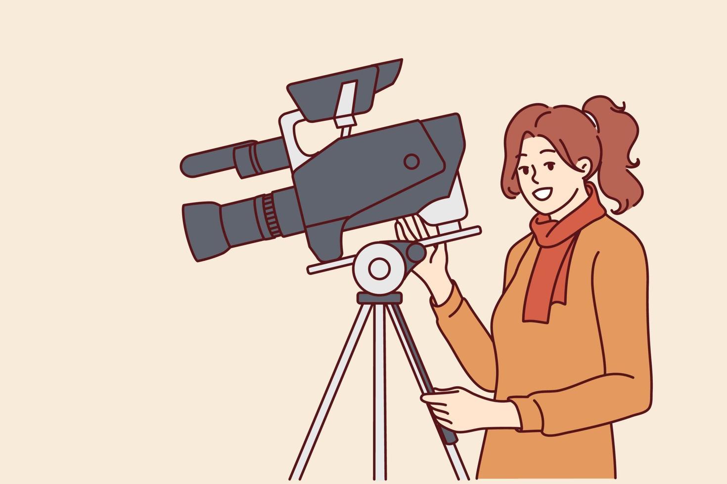 Woman videographer stands near professional video camera fixed on tripod and shoots film or news report. Girl working as producer or director in film studio uses modern filming equipment vector