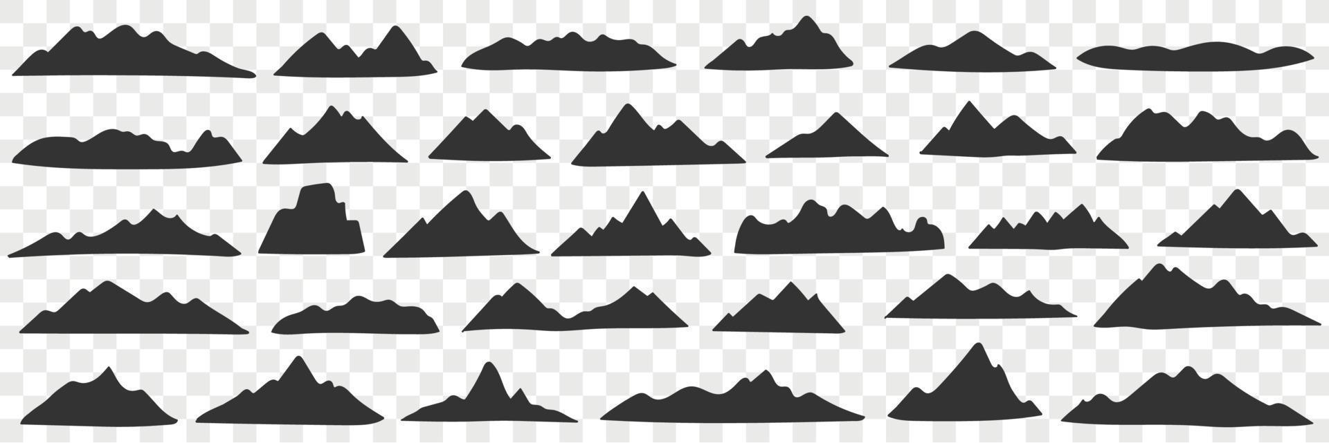 Mountains range silhouettes doodle set. Collection of hand drawn various black silhouettes of natural hills mountains in rows isolated on transparent background vector
