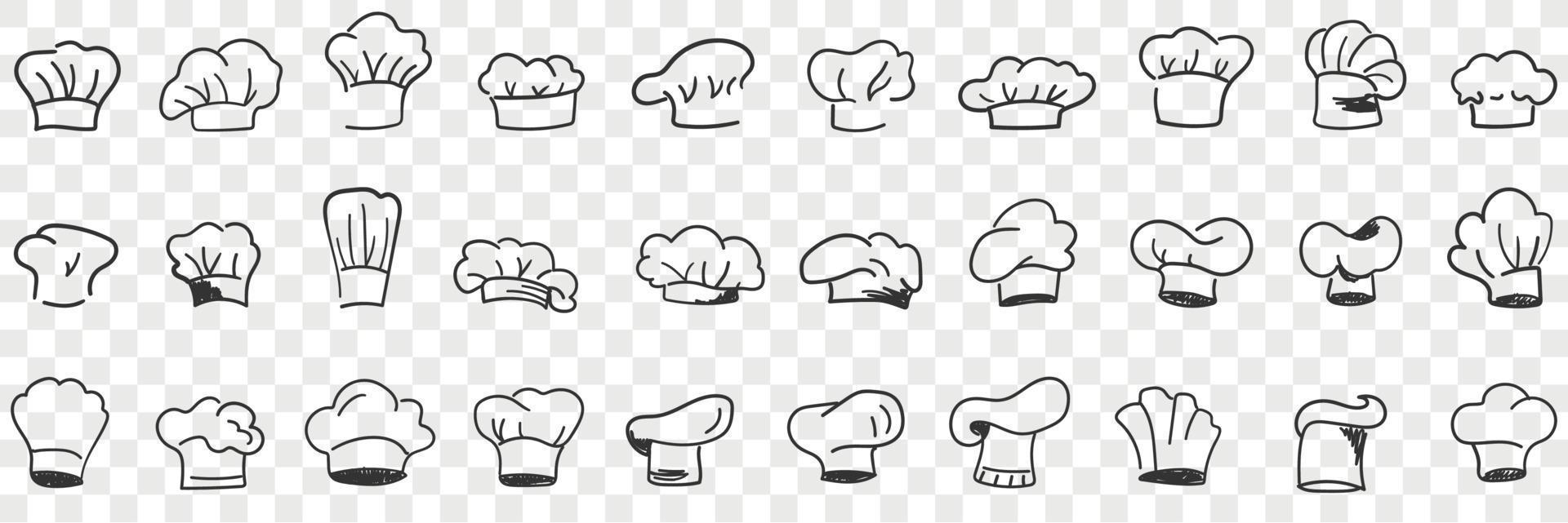 Cooks cap headdress doodle set. Collection of hand drawn various styles and shapes of hats for cook in restaurant for wearing on head personal accessories in rows isolated on transparent background vector