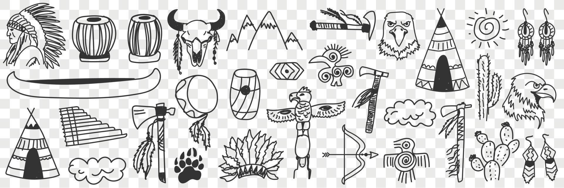 Indian tribe symbols doodle set. Collection of hand drawn various signs of indian culture traditional spiritual elements in rows isolated on transparent background vector