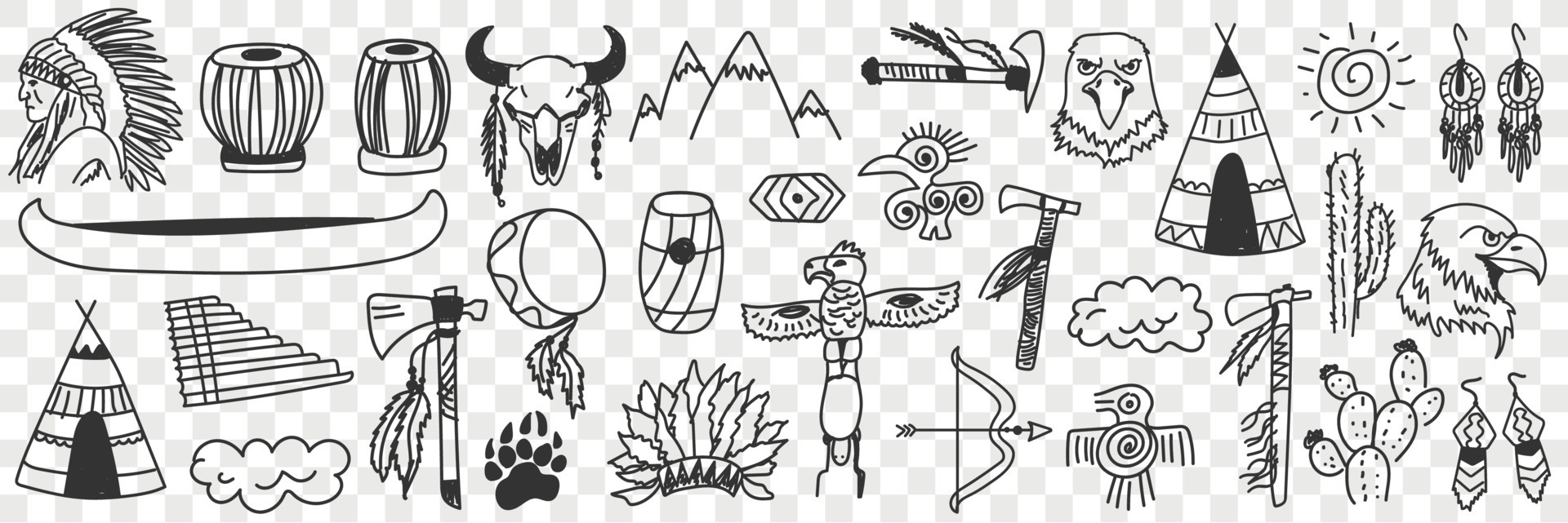 Indian tribe symbols doodle set. Collection of hand drawn various signs