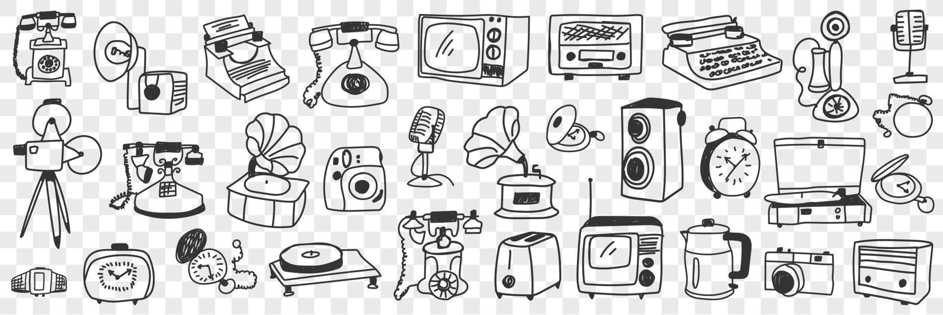 Retro and modern technical appliances doodle set. Collection of hand drawn various telephone teapot kettle television toaster electronic devices in rows isolated on transparent background vector