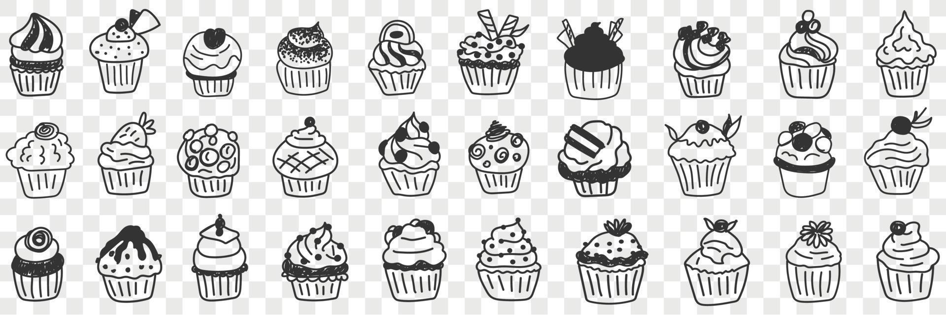 Tasty cupcakes dessert doodle set. Collection of hand drawn various cupcakes homemade with cream custard and decorations for events and birthday party in rows isolated on transparent background vector