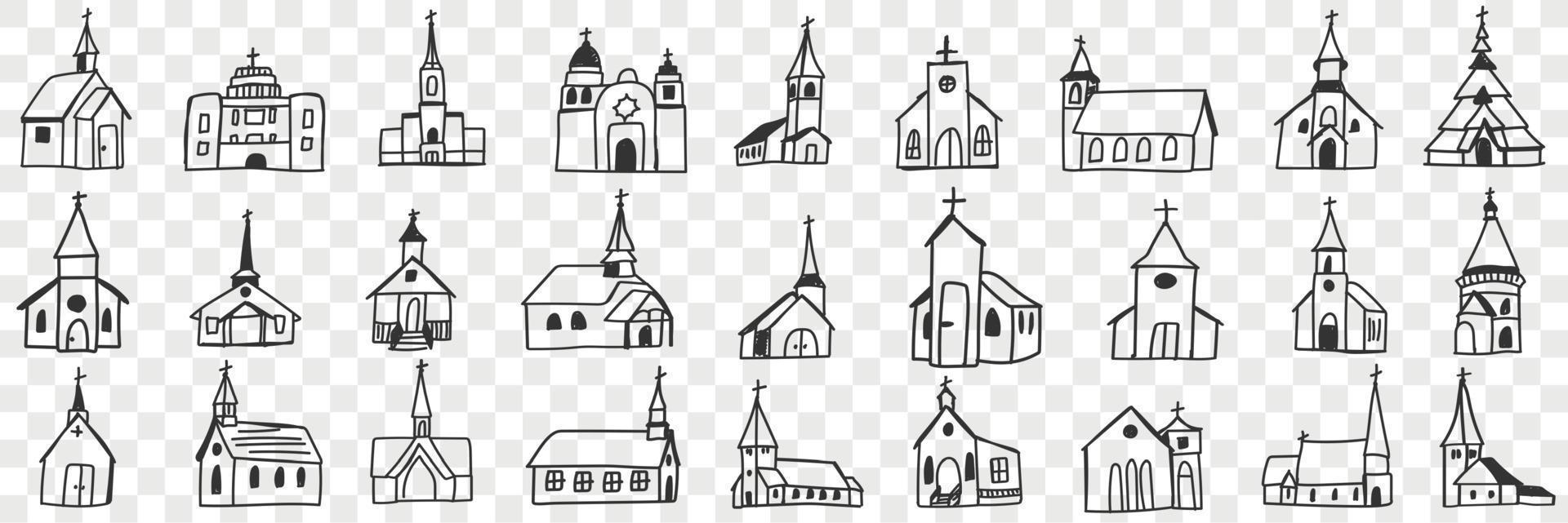 Church facades with towers doodle set. Collection of hand drawn various facades of religious churches buildings isolated on transparent background vector