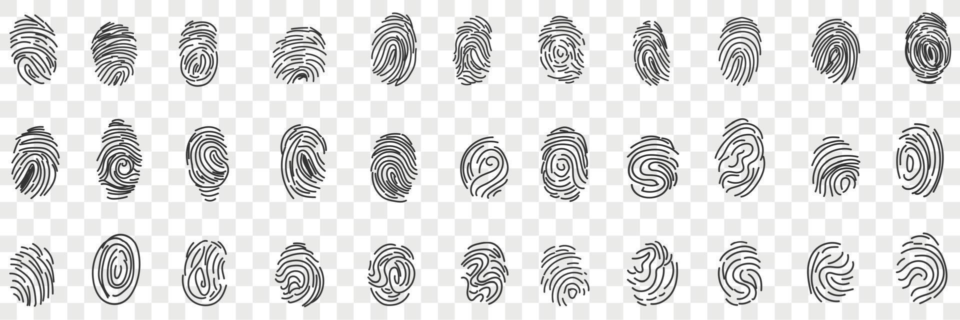 Fingerprints personal identity doodle set. Collection of hand drawn various human fingerprints for identifying person or passport identification or traveling isolated on transparent background vector