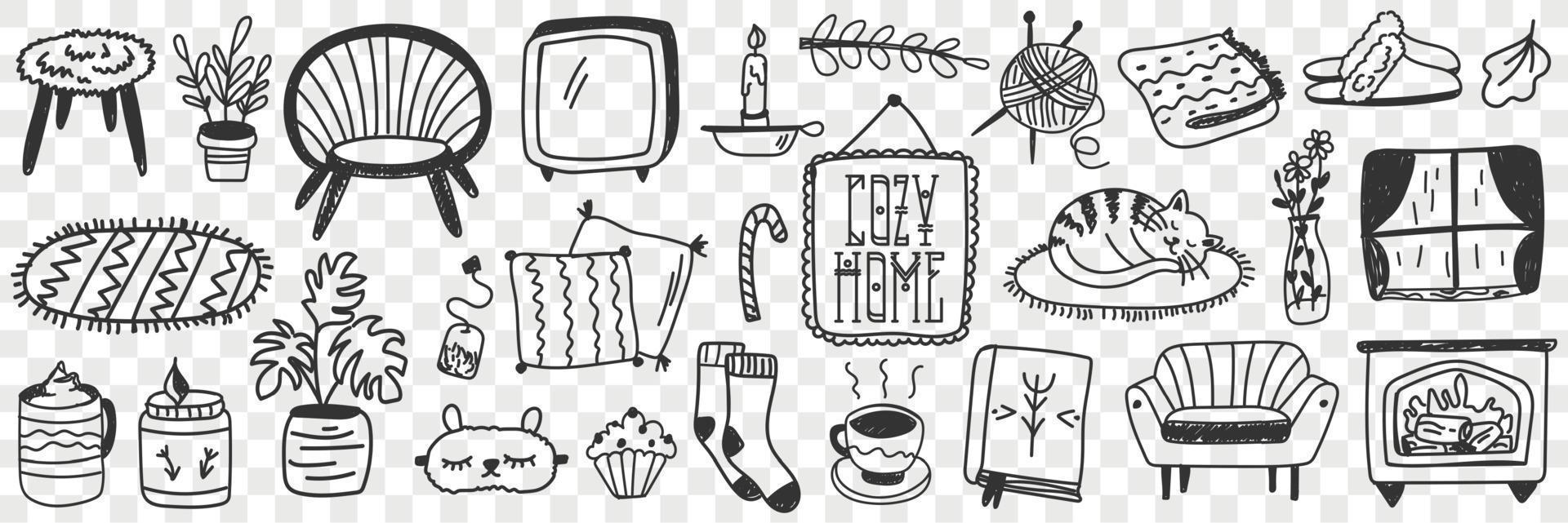 Cozy home accessories doodle set. Collection of hand drawn various furniture chairs candles picture socks knitting tea cat and plants isolated on transparent background vector