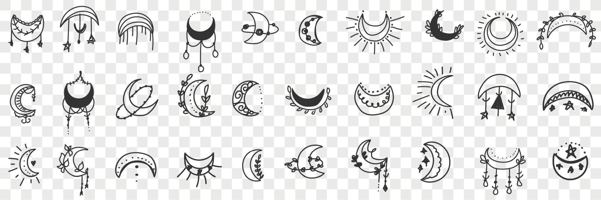 Moons as accessories doodle set. Collection of hand drawn elegant moons and stars as decorations and accessories for interior beauty isolated on transparent background vector