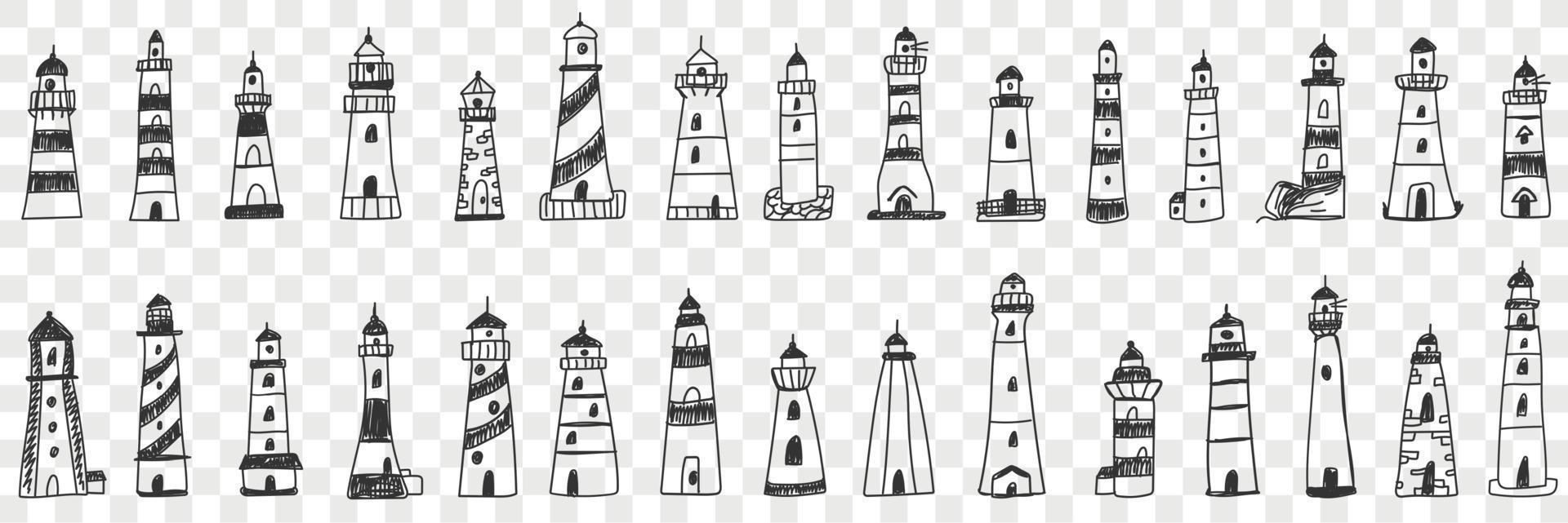 Lighthouse buildings in sea doodle set. Collection of hand drawn various facades of lighthouse buildings in sea or ocean shining lights isolated on transparent background vector