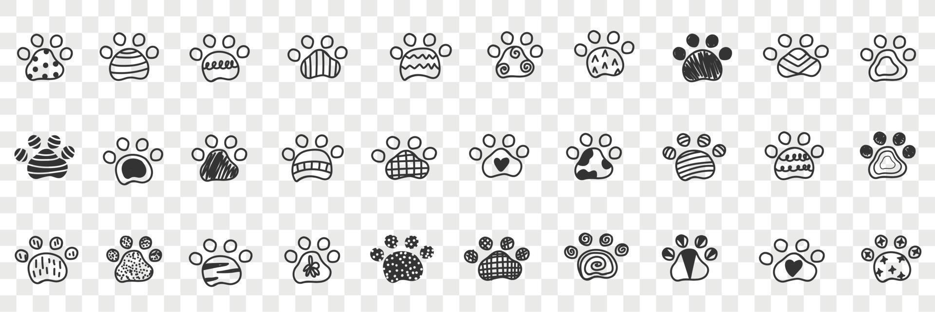 Animals paws footprints doodle set. Collection of hand drawn footprints imprints of animals dogs with various patterns in rows isolated on transparent background vector