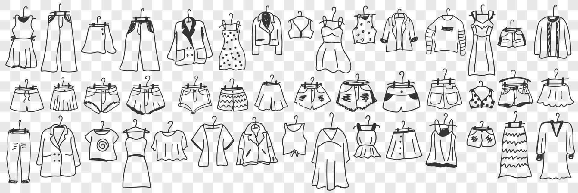 Female and male clothes outfit doodle set. Collection of hand drawn garment dress pants jacket bags shorts new on hangers for wearing or shopping isolated on transparent vector