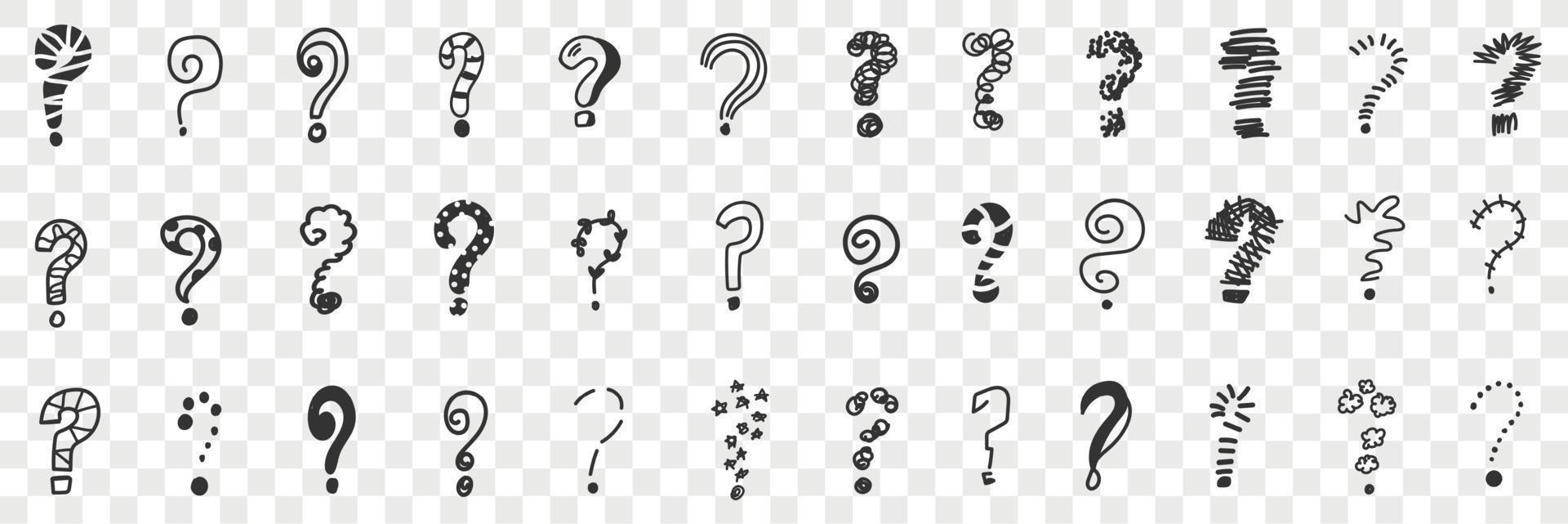 Question marks in row doodle set. Collection of hand drawn various shapes and forms of question marks drawn in different styles isolated on transparent background vector