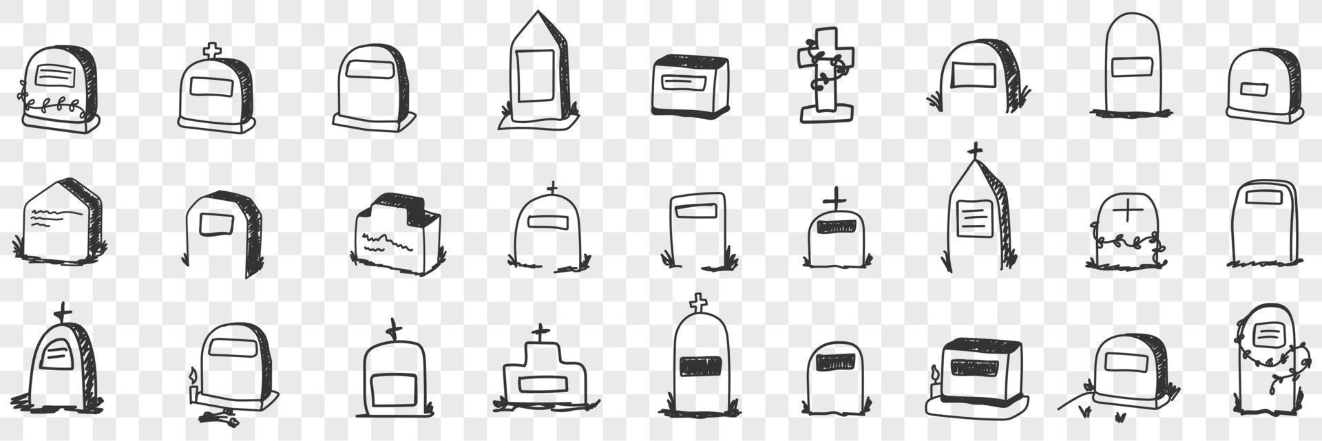 Monument on grave doodle set. Collection of hand drawn various shapes and forms of graves monuments at cemetery for memory isolated on transparent background vector
