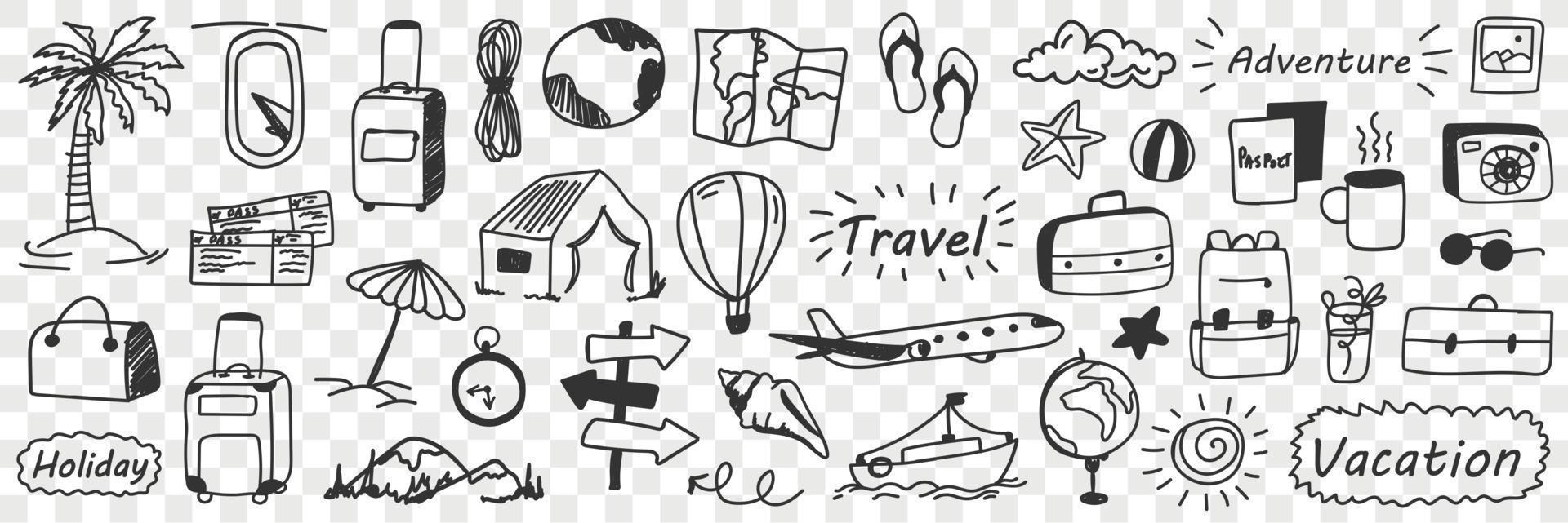 Vacations and adventure doodle set. Collection of hand drawn traveling attributes holidays plane tickets balloon globe camping suitcase sunglasses beach isolated on transparent background vector