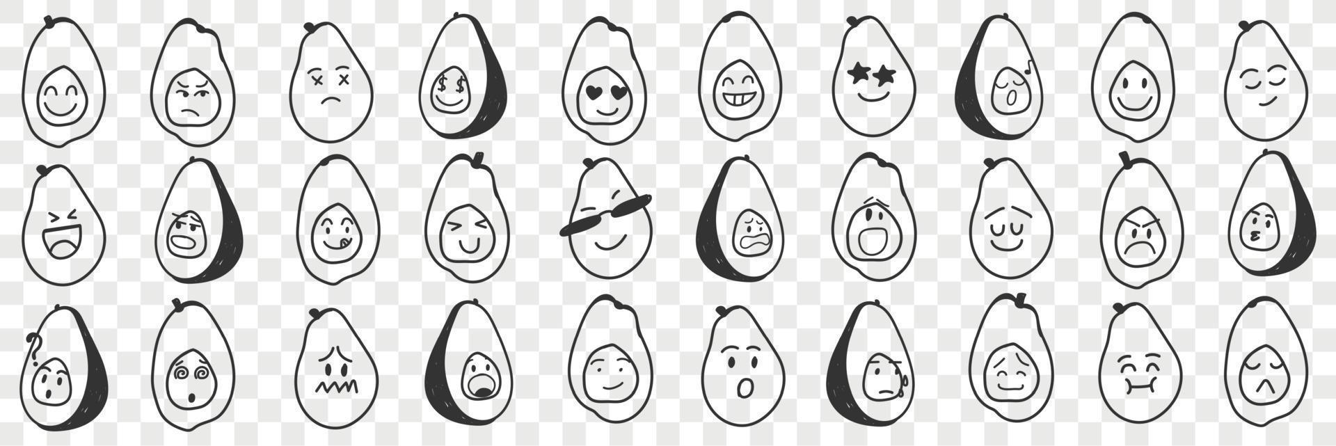 gracioso aguacate emoji garabatear colocar. colección de mano dibujado varios aguacate frutas con gracioso linda caras con varios expresiones emoticon aislado en transparente antecedentes vector