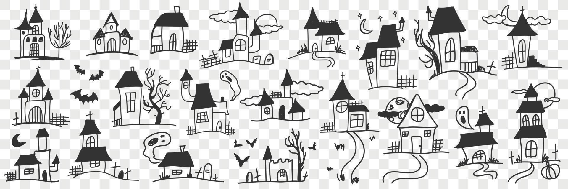 Buildings and houses with ghosts doodle set. Collection of hand drawn various facades of building houses with mystery ghosts during night isolated on transparent background vector