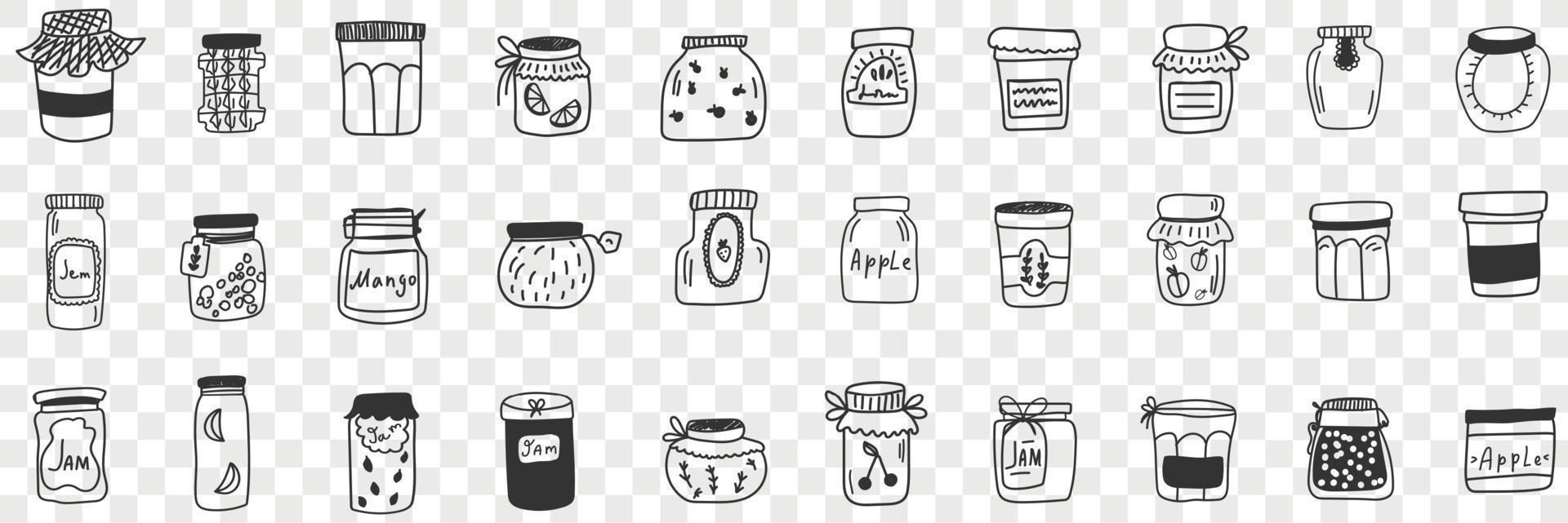 Jars and containers for food doodle set. Collection of hand drawn various shapes and forms of glass jars for keeping preserved food jam grains and cereals isolated on transparent background vector